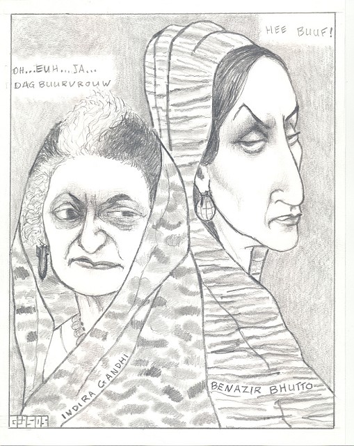 Historisch Café 29-10-2005 - karikatuur van Ghandi en Bhutto door Gijs Sevenhuijsen